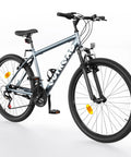 26 Inch Adult Mountain Bike With 7 Speed Front Suspension Fork Dual Disc Brakes Adjustable Seat Quick Release Wheels Heavy Duty High Tensile Steel Frame Waterproof Finish Ride Ready Grey side view
