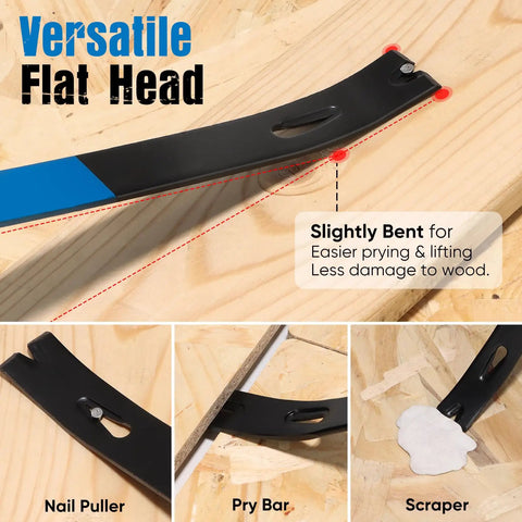 Close-up of flat pry bar head showing nail puller, pry bar, and scraper use in Four-Piece Flat Pry Bar Set With 5.5 Inch Mini Bar, 7.5 Inch Nail Puller, 10 Inch Crowbar, And 15 Inch Heavy-Duty Utility Bar High-Carbon Steel Claw Tools For Home Remodel And Woodworking.