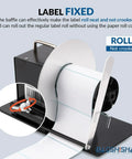 No Sweat Automatic Label Rewinder Machine With Heavy Gauge Metal Take Up Drum and Slick Two Way Rollback For Fast Printer Sync Bulk Labeling Warehouse Essential with label baffle feature.