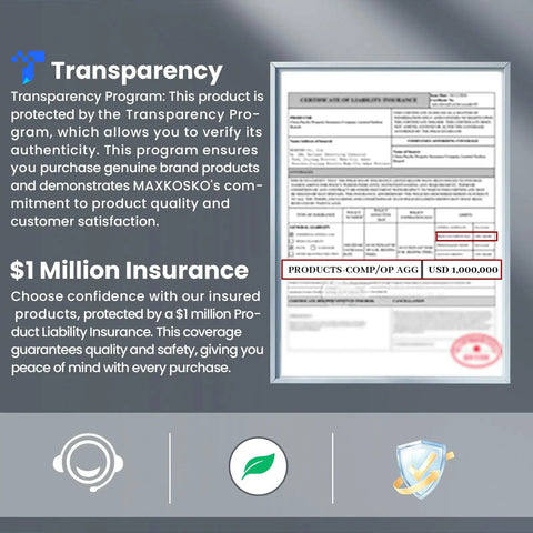 Transparency program and $1M insurance certificate with product authenticity assurance and liability coverage details.