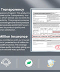 Certificate of liability insurance displayed, highlighting $1 million coverage and transparency program for product authenticity.