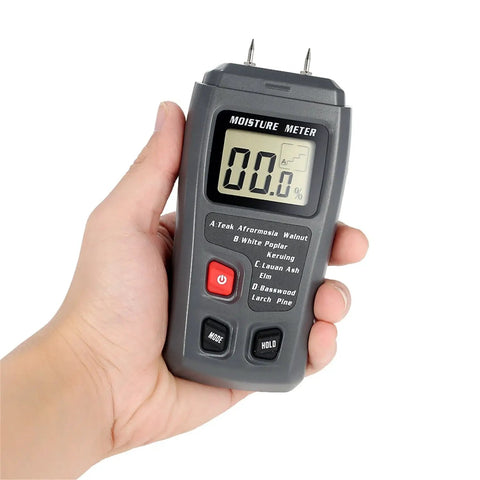 Pin Type Wood Moisture Meter Handheld Pro Grade For Timber And Firewood With Backlit Lcd Display 4 Modes And Data Hold Detects Dampness Humidity Levels And Lumber Moisture Quickly. Handheld gray plastic unit with LCD and pins