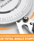 Close-up of Deluxe Table Saw Miter Gauge with 120 angle stops for precision angled cuts, durable aluminum silver