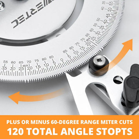 Close-up of Deluxe Table Saw Miter Gauge with 120 angle stops for precision angled cuts, durable aluminum silver
