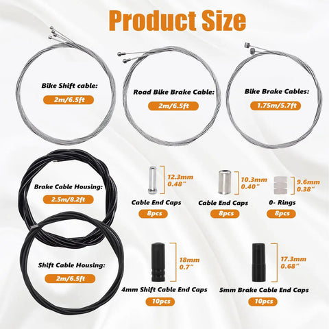 Diagram of Universal Bicycle Brake Cable And Shift Cable And Housing Kit with sizes, end caps, and O-rings for mountain and road bikes.