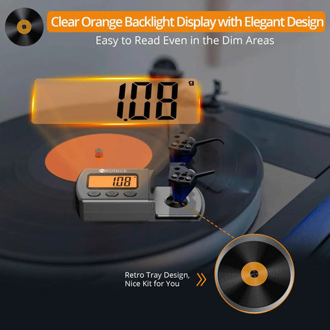 Digital Turntable Stylus Tracking Force Gauge For Vinyl Enthusiasts, Precise Cartridge Pressure Scale With Digital Readout To Protect Records, Improve Sound, And Fine Tune Your Tonearm Setup. orange backlit digital gauge on turntable, 1.08g
