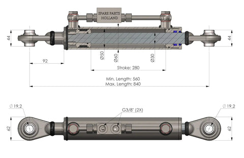 Diagram of Hydraulic Top Link Cat 1 With Locking Block and hoses, adjustable 22.125 to 33.125 inches for farm tractor use.