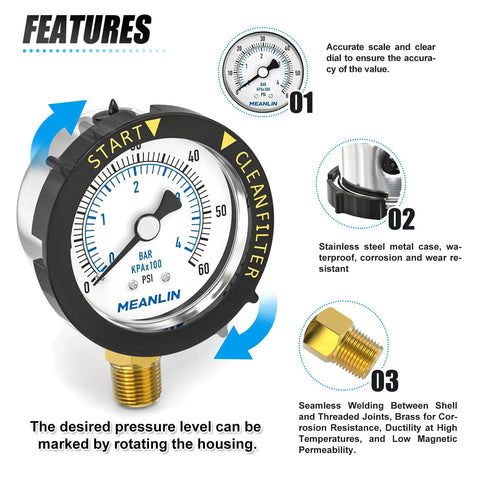 Start and Clean Filter Pressure Gauge 0-60 Psi, 2 Inch Dial, Stainless Steel, Lower Mount With Rotatable Plastic Frame, Waterproof
