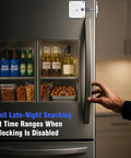 App Controlled Smart Lock For Snacks Food And Alcohol With Built In Timer And Scheduling Modes For Fridge Cabinet Or Pantry Keep Temptation Locked Tight, mounted on fridge.