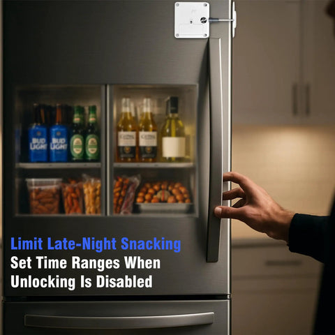 App Controlled Smart Lock For Snacks Food And Alcohol With Built In Timer And Scheduling Modes For Fridge Cabinet Or Pantry Keep Temptation Locked Tight, mounted on fridge.
