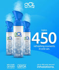 Portable Oxygen Canister Set Two Pack 12L With Four Fragrance Options And One Mouth And Nose Mask For Sports Travel Altitude And Fitness Lightweight Easy To Carry Up To Nine Hundred Inhalations, showing three blue oxygen canisters offering up to 450 inhalations.