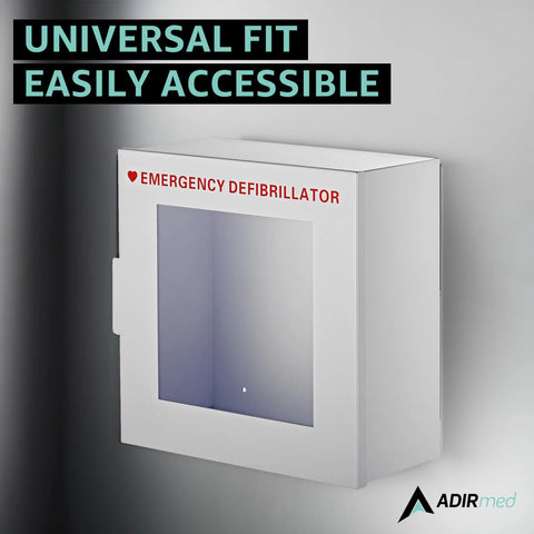 AdirMed white wall-mounted non-alarmed AED cabinet with clear window and red Emergency Defibrillator label