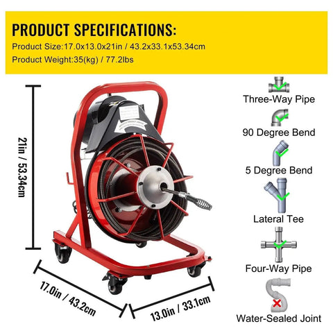 Knockout Heavy Duty Electric Drain Auger With 75 Foot Steel Core Cable, 21 inch height, 35 kg, for kitchen sinks and bathroom tubs.