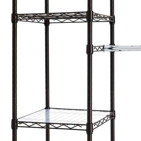 Expandable Metal Hanging Closet Organizer And Storage Rack Wardrobe With Adjustable Height Shelves, close-up of bronze shelving.