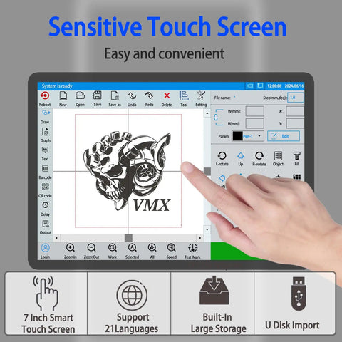 Person using sensitive touch screen on handheld device with engraving design options shown on display