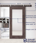Heavy Duty Stainless Steel 5 Feet Top Mount Sliding Barn Door Hardware Kit For 30 Inch Doors Quiet Glide Easy Install T Shape Hanger Included Includes All Mounting Hardware Brackets And Instructions Built To Last, shown in diagram with door dimensions.
