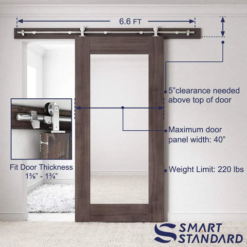 Heavy Duty Stainless Steel 5 Feet Top Mount Sliding Barn Door Hardware Kit For 30 Inch Doors Quiet Glide Easy Install T Shape Hanger Included Includes All Mounting Hardware Brackets And Instructions Built To Last, shown in diagram with door dimensions.