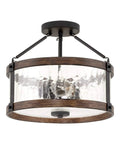 Rustic Farmhouse 14 Inch 3 Light Semi Flush Mount Ceiling Light With Crackle Glass Shade hand painted wood grain metal walnut wood