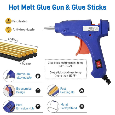 Hot melt glue gun and glue sticks with ergonomic design and aluminum nozzle, showing fast heating and safety features.
