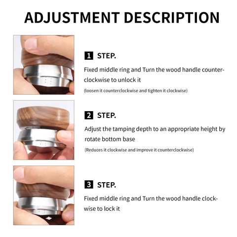 Instructions for adjusting 58.5mm Coffee Distributor With Walnut Wood Handle, Espresso Distribution Tool, Adjustable Depth Tamper Leveler For 58mm Breville And Gaggia Portafilters, Smooth Puck Formation, Barista Quality