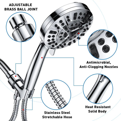 High Pressure Shower Head With Handheld Kit showing adjustable brass ball joint and stainless steel stretchable hose
