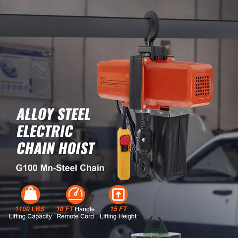Heavy Duty 1100 Lb Electric Chain Hoist 15 Ft Lift 120V Copper Motor 10 Ft Remote hanging in garage for heavy lifting tasks.