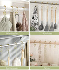 Gold Shower Curtain Hooks Rings 12 Pack Double Glide Stainless Steel displaying various uses in wardrobe, kitchen, and bathroom.