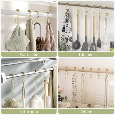 Gold Shower Curtain Hooks Rings 12 Pack Double Glide Stainless Steel displaying various uses in wardrobe, kitchen, and bathroom.