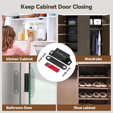Flat Bottom Cabinet Magnetic Catch With Adhesive Easy One Minute Install No Screws 35Lb Hold For Cabinet Doors And Drawers Black 8 Pack Strong Stick On Magnetic Latch For Metal Glass Marble Surfaces