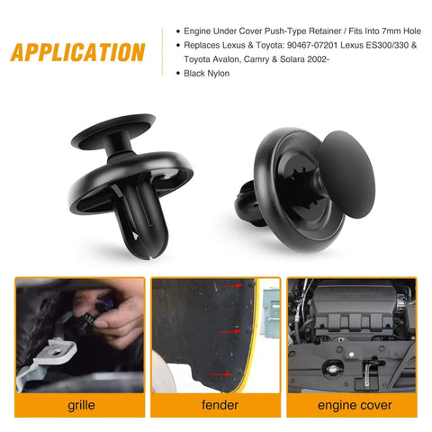 100 Pcs Push Type Retainer Clips For Lexus And Toyota Body Panels And Splash Shields 90467-07201 Replacement with applications shown