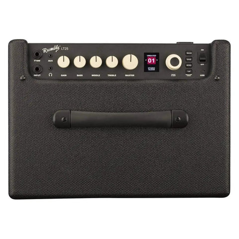 Rumble LT25 Bass Amplifier With 8 Inch Speaker, Black Finish, top view showing controls and color display on ported wooden cabinet