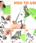 Tutorial on using Heavy Duty Grommet Tool Kit with 6mm, 10mm, 12mm hole punch, metal grommets, and eyelets on green material.