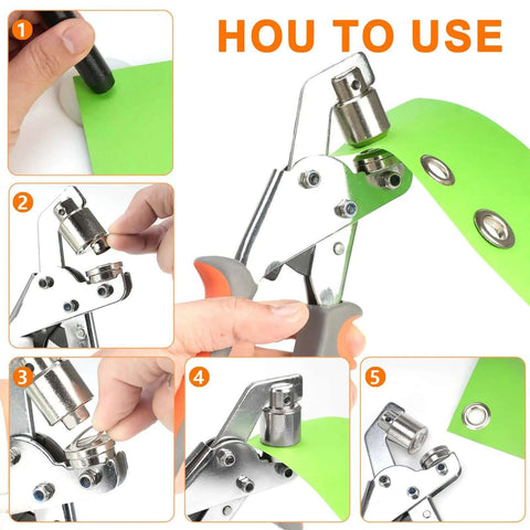 Tutorial on using Heavy Duty Grommet Tool Kit with 6mm, 10mm, 12mm hole punch, metal grommets, and eyelets on green material.