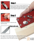 Red chamfer planer for woodworking in use, showing cutter adjustment steps and blade scale, ideal for pros and beginners.