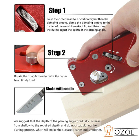 Red chamfer planer for woodworking in use, showing cutter adjustment steps and blade scale, ideal for pros and beginners.
