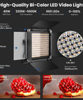 Close-up of 2 Pack Bi Color 660 LED Video Light Kit With Stands For Studio Use Dimmable 3200K To 5600K High CRI 96 Plus U Bracket and Barndoor.