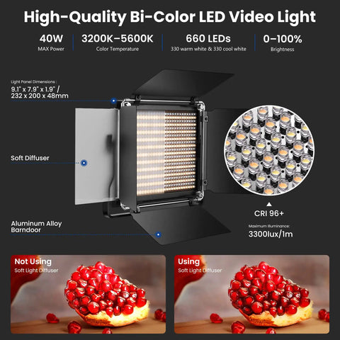 Close-up of 2 Pack Bi Color 660 LED Video Light Kit With Stands For Studio Use Dimmable 3200K To 5600K High CRI 96 Plus U Bracket and Barndoor.