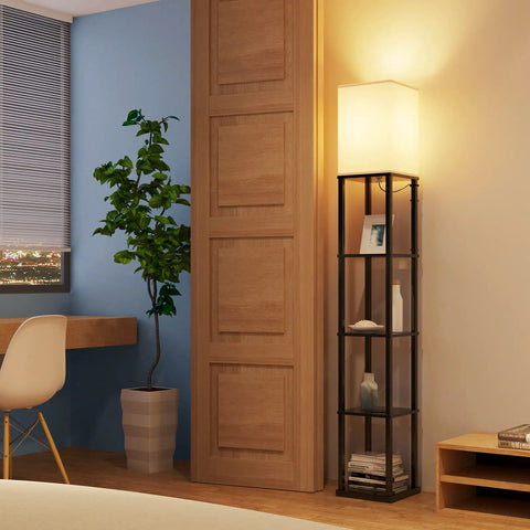 Five-Tier LED Shelf Floor Lamp With White Shade And 3CCT Bulb Foot Switch Space Saving Built-In Shelves Matte Black in bedroom