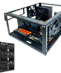 Open Air PC Test Bench Open Frame Chassis For DIY Rigs Stackable And Dual Orientation Fits ATX Micro ATX E ATX ITX Motherboards Up To 330mm Supports GPUs Up To 335mm And CPU Coolers To 165mm High Airflow, black metal frame with installed components.