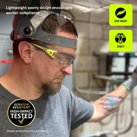 Premium Lightweight Frameless Safety Glasses with Killer Antifog Lens and Rock Solid Comfort for Marathon Shifts Bulk Box Includes 144 Pairs Green Gray used in industrial setting.