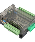 DC24V PLC Controller with 32-bit MCU, 100kHz pulse, 14 digital inputs, 10 transistor outputs, DIN rail mountable, clear casing shown