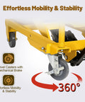 KAFLLA Hydraulic Lift Cart With Double Scissor Jack Supports 330 Pound Work Weight And Reaches An Impressive Fifty Inch Max Lift Height For Easy Tool Access And Heavy Duty Material Handling Projects At Home Or In The Garage swivel casters with mechanical brake for easy mobility and stability.