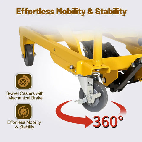 KAFLLA Hydraulic Lift Cart With Double Scissor Jack Supports 330 Pound Work Weight And Reaches An Impressive Fifty Inch Max Lift Height For Easy Tool Access And Heavy Duty Material Handling Projects At Home Or In The Garage swivel casters with mechanical brake for easy mobility and stability.