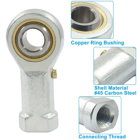 Two Pack PHSB6 Rod End Bearings Three Eighths Inch High Strength Forged Carbon Steel With Hardened Ball Joint For Beefed Up Heavy Duty Linkage And Steering Systems Offering Superior Wear Resistance And Corrosion Protection And High Load Capacity. Close-up of PHSB6 rod end bearing with copper ring bushing and 3/8 thread