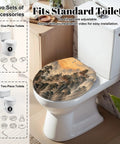 Round Mountain Temple Chinoiserie Sunrise Misty Chinese Ink Toilet Seat on a standard toilet with adjustable hinges.