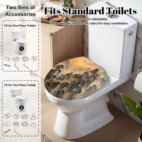 Round Mountain Temple Chinoiserie Sunrise Misty Chinese Ink Toilet Seat on a standard toilet with adjustable hinges.