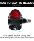 Back view of pedal showing removal instructions for Pedal Adapter For Regular Shoes On Peloton Bikes, Easy Clipless Look Delta Converter