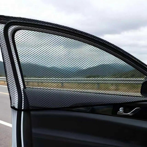 Custom Fit Car Window Mesh Sun Shade For Tesla Cybertruck 2024 2025 2026 installed on vehicle door with nature backdrop.