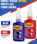 Thread locker bottles, blue removable and red permanent, by GNEOCO, front view.