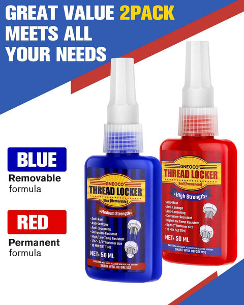 Thread locker bottles, blue removable and red permanent, by GNEOCO, front view.
